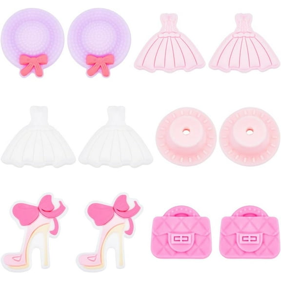 12PCS 6 Styles Pink Silicone Focal Beads Bulk Silicone Bead Cute Cartoon 3D Dress Hat Loose Spacer Double Sided Beads for DIY Beadable Pens Keychain Making Kit Beading Female Bracelet Craft