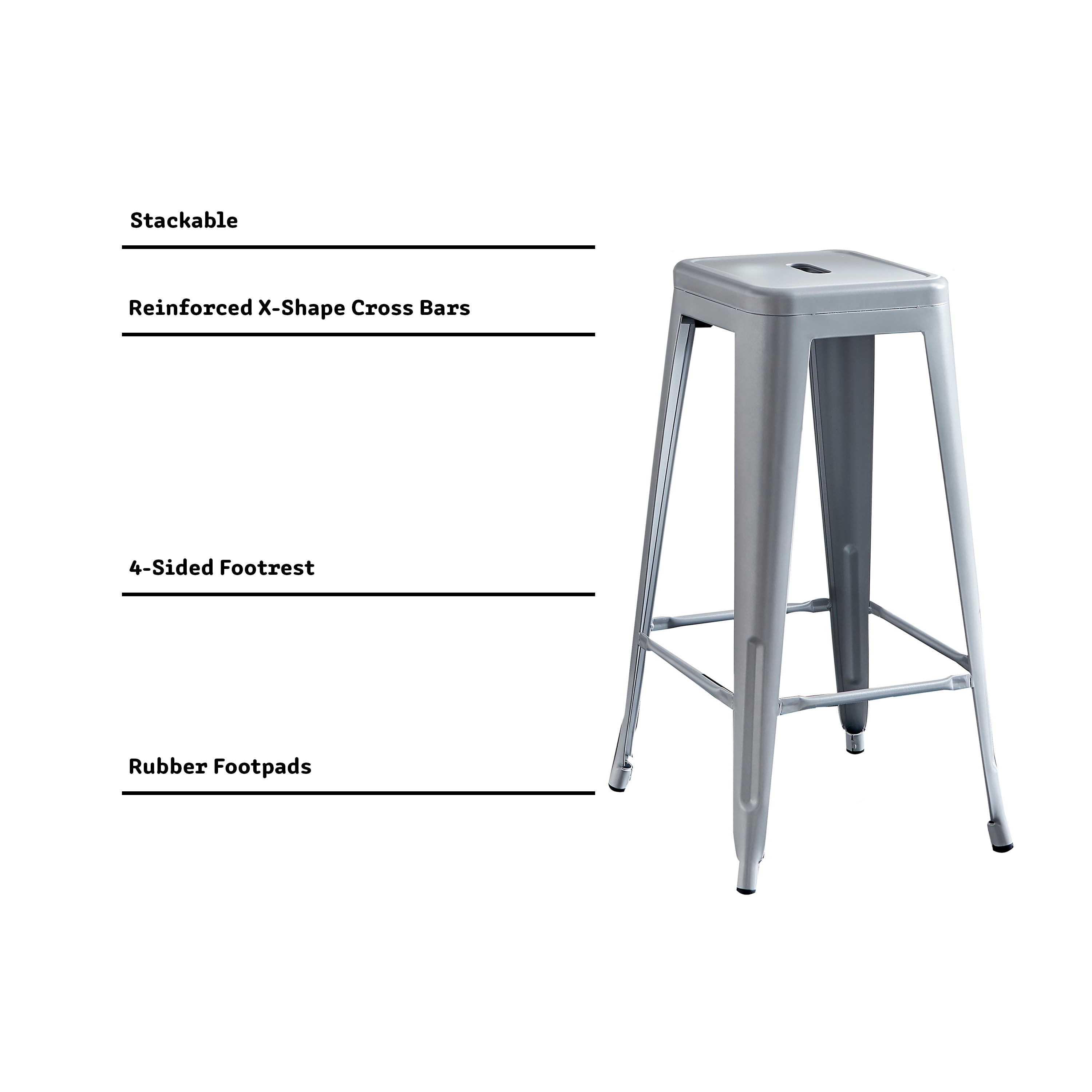 AC Pacific 30” Metal Backless Barstool Set of 4 – Country Rustic Style, Lightweight & Sturdy Build, Easy Assembly – Matte Silver