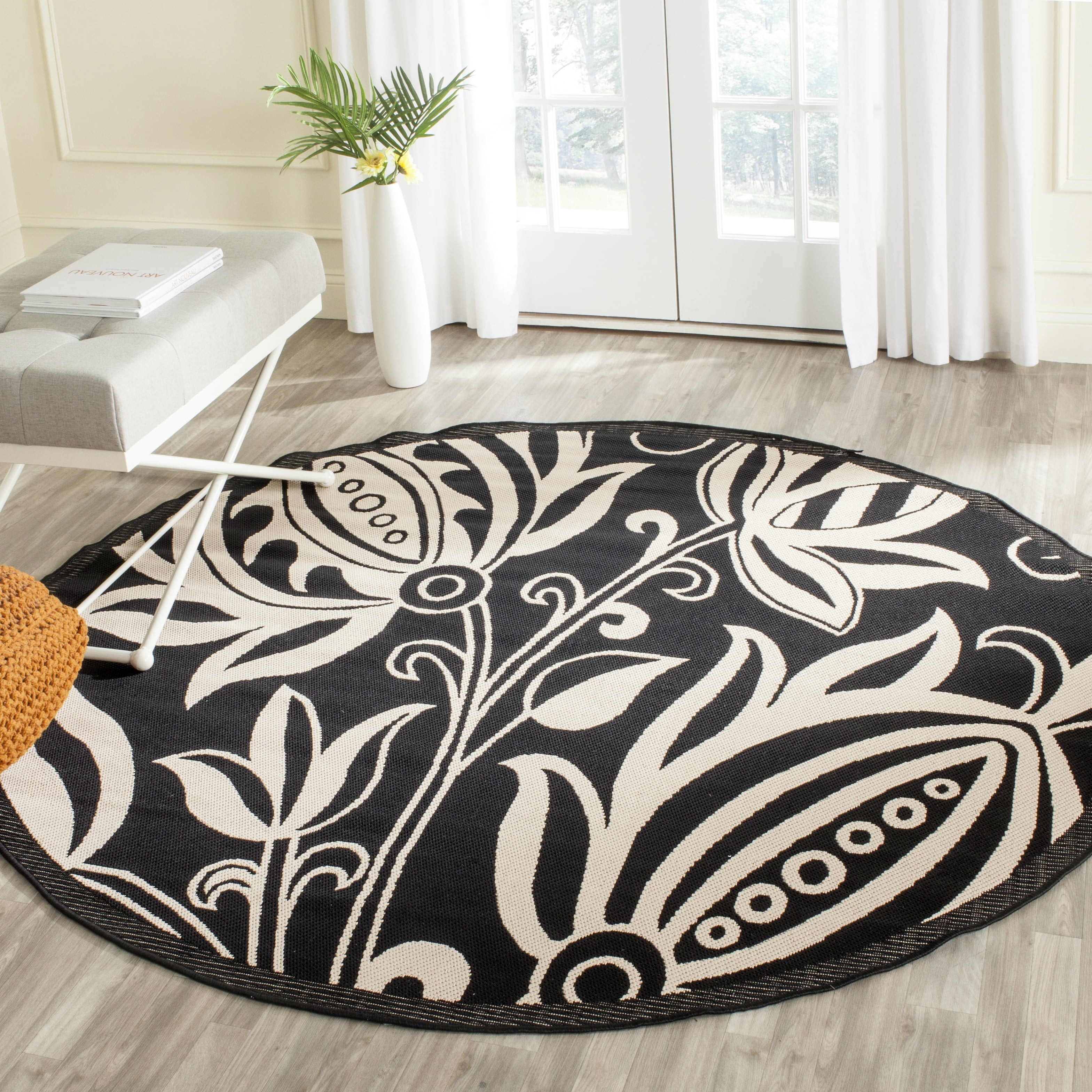 Safavieh Courtyard Crystal Floral Indoor/Outdoor Area Rug, Black/Sand, 7'10" x 7'10" Round
