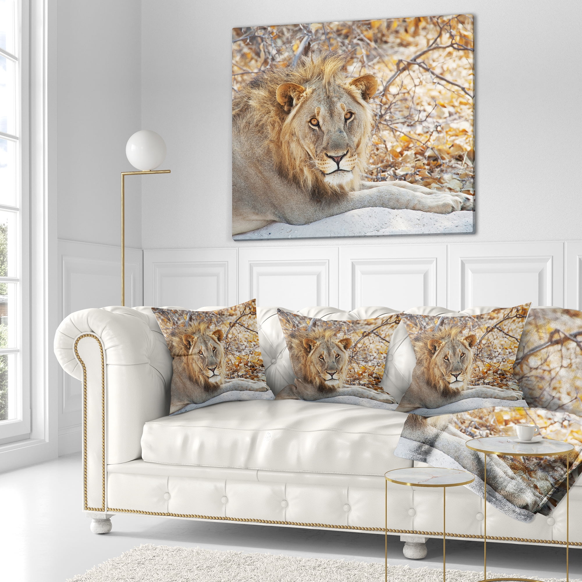 Designart Solitary Lion Taking Rest in Forest - African Throw Pillow - 18x18
