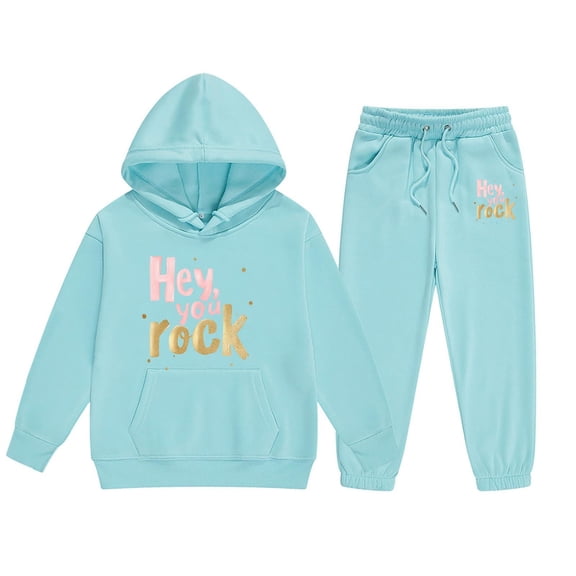 Huowey Children's Middle and Large Children's Long Sleeved Letter Print Hooded Top Sweater Pants Set