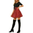 thumbnail image 4 of Allegra K Women's  Round Neck Lace Up High Waist Half Sleeves A-Lined Plaid Dress, 4 of 7