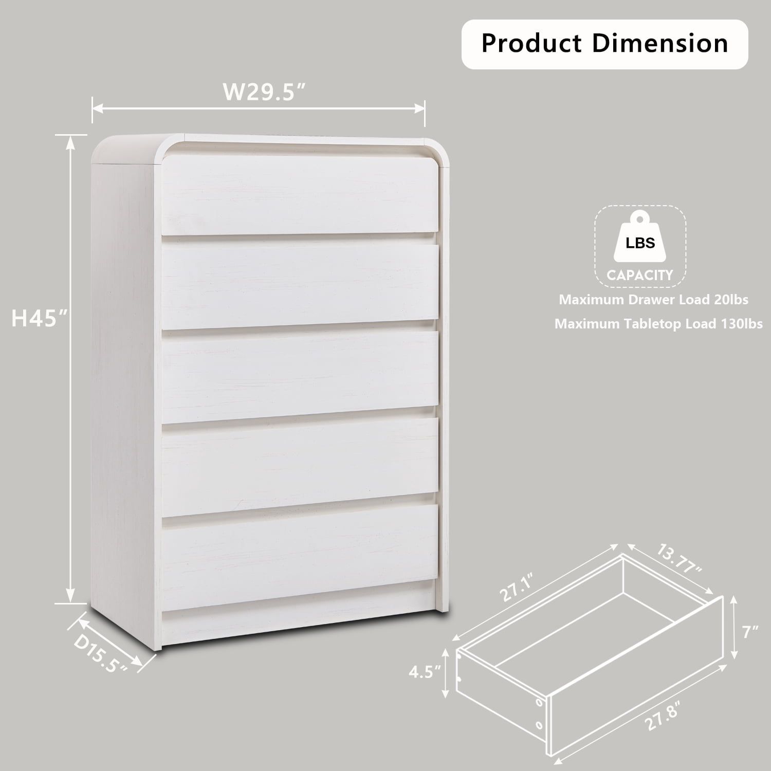 wow97e Modern Dressers for Bedroom, 45" Tall 5 Drawers & Chests of Drawers w/Curved Profile Design, Wood Mid Century Vertical Dresser w/Natural Texture for Bedroom, Living Room