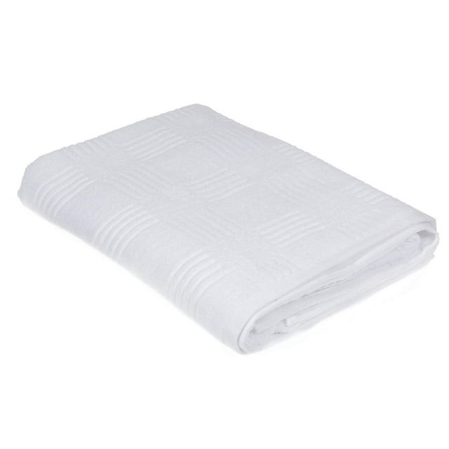 Set of two folded Arista white bath towels measuring 30 by 60 inches with a subtle textured square design.