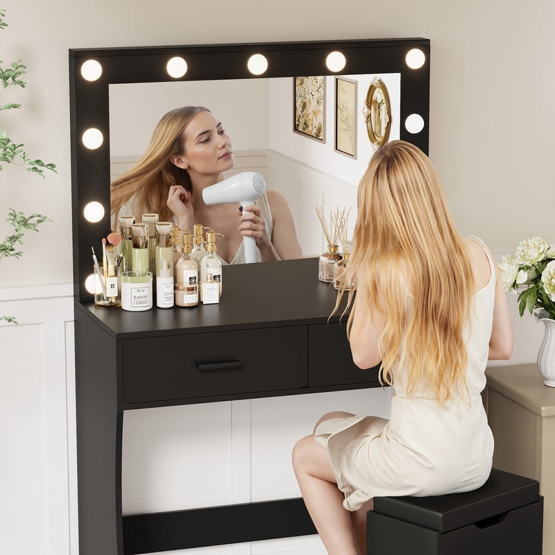 Vineego Vanity Set with Mirror & Light, Makeup Vanity with 2 Drawers, Vanity Desk with Storage Stool for Bedroom, Black