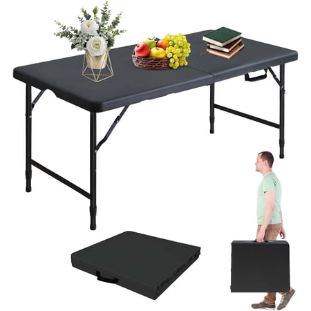 Portable 4Ft Folding Table, Heavy Duty Plastic Fold-in-Half Utility Foldable Table Small, Adjustable Height Plastic Folding Table with Carrying Handle for Camping & Party Indoor/Outdoor(Black)