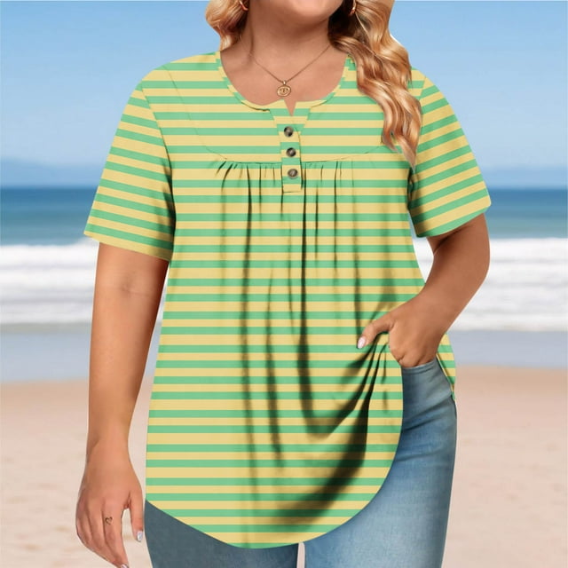 Jienlioq Hauts d'Entraînement pour Femmes T-shirt Plissé à Manches Courtes Col Rond Boutonné Grande Taille Jaune TG
