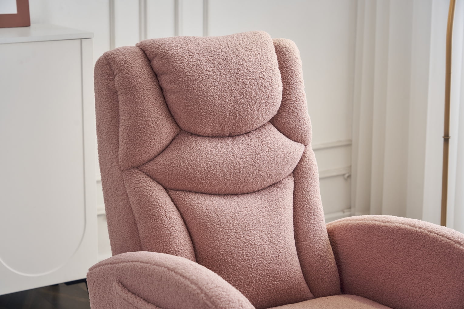 Nursery Rocking Chair with Two Side Pockets & Adjustable Footrest, Teddy Fabric Rocker with High Backrest, Modern Rocking Accent Chair for Living Room, Bedroom, Pink