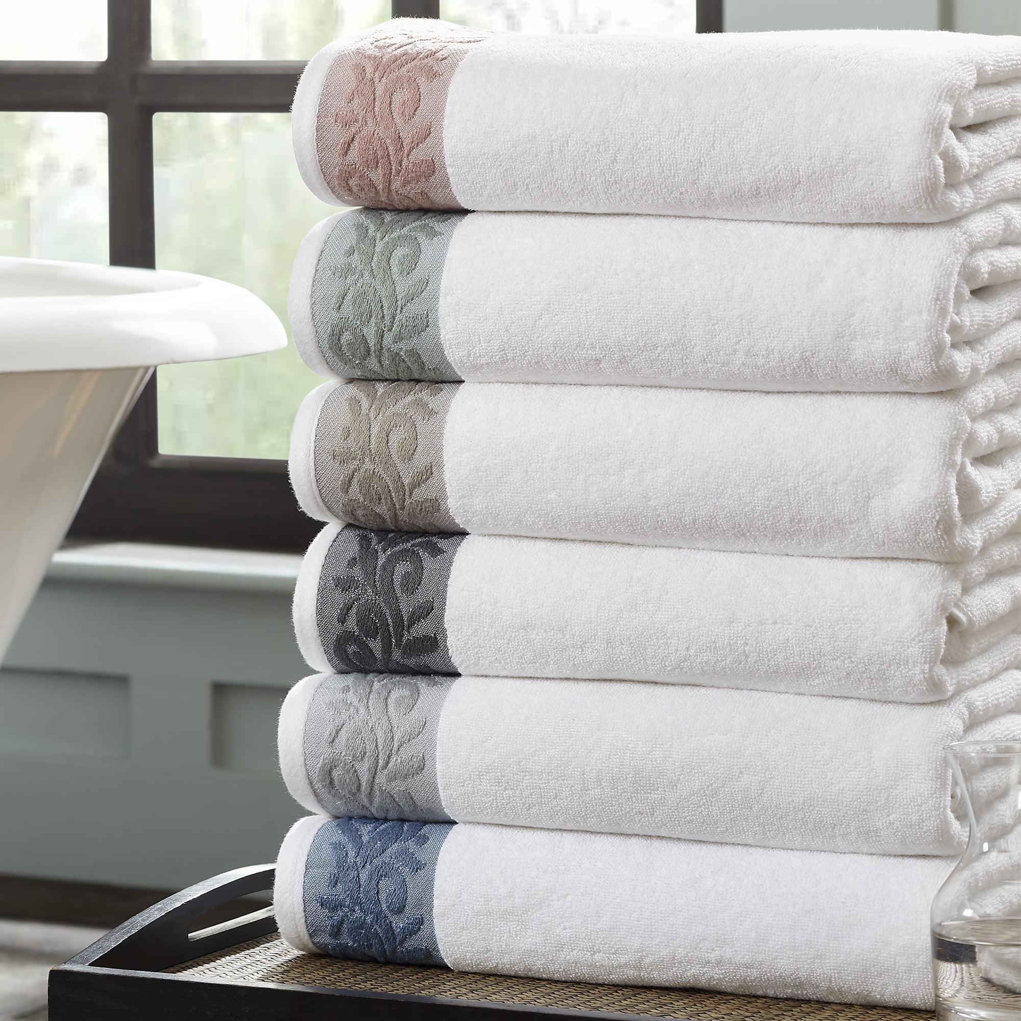 Modern Threads Filigree Jacquard Border 6-Piece Cotton Adult Bath Towel Set, Silver