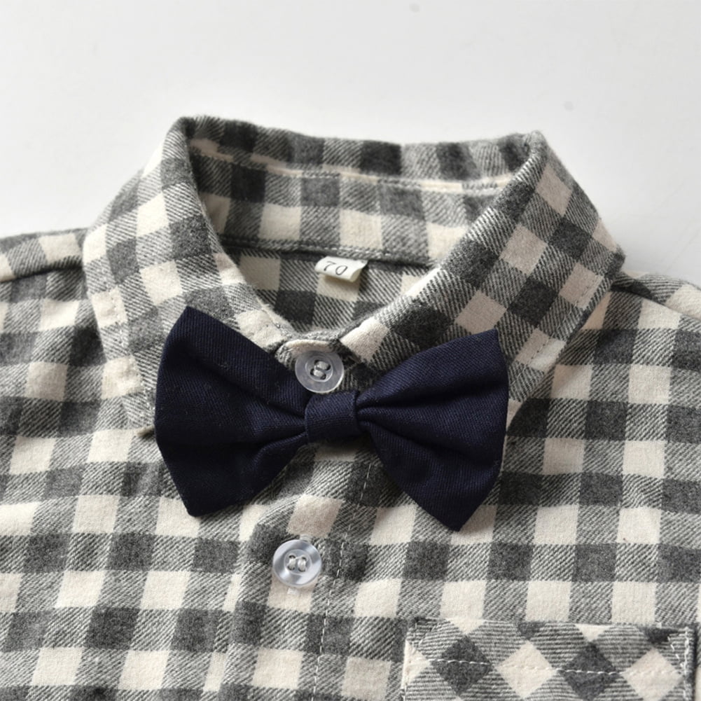 IDOPIP Toddler Kids Baby Boys Gentleman Outfit Striped Shirt with Bowtie + Long Suspender Pants Overalls Clothes Wedding Baptism Formal Suit