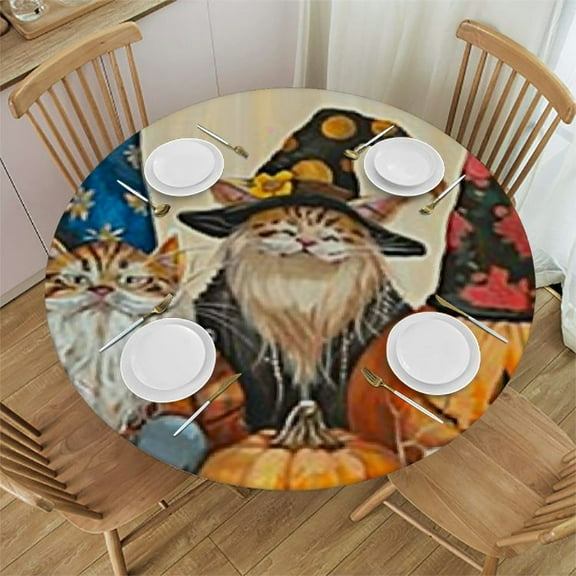 HAOXIT Thanksgiving Round Tablecloth with Fall Pumpkin Table Cover Wipeable Fitted Table Cloths for Round Tables Dining Outdoor Use 31-35