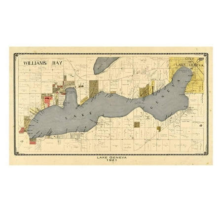 - 1921, Lake Geneva 1921, Wisconsin, United States Antique Map Print Wall Art