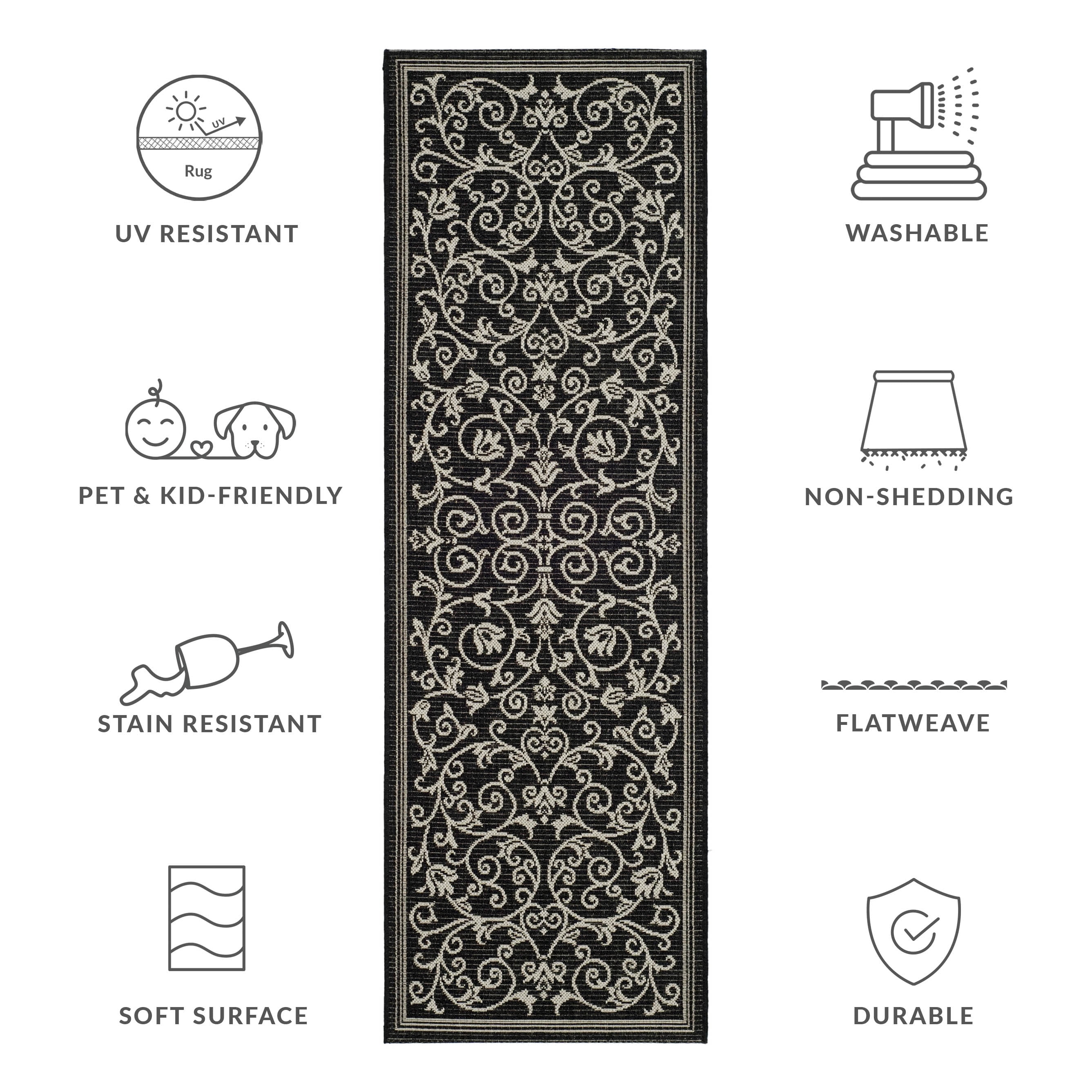 Safavieh Courtyard Nanda Botanical Indoor/Outdoor Runner Rug, Black/Sand, 2'3" x 8'