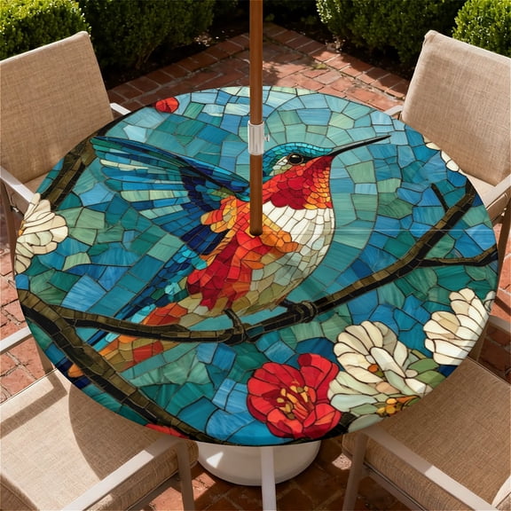 YESAD Round Outdoor Tablecloth For Up To 44in With Umbrella Hole & Zipper Waterproof Elastic Edge Fitted Table Cover Big Sunflower For Patio Picnic Party, Bird