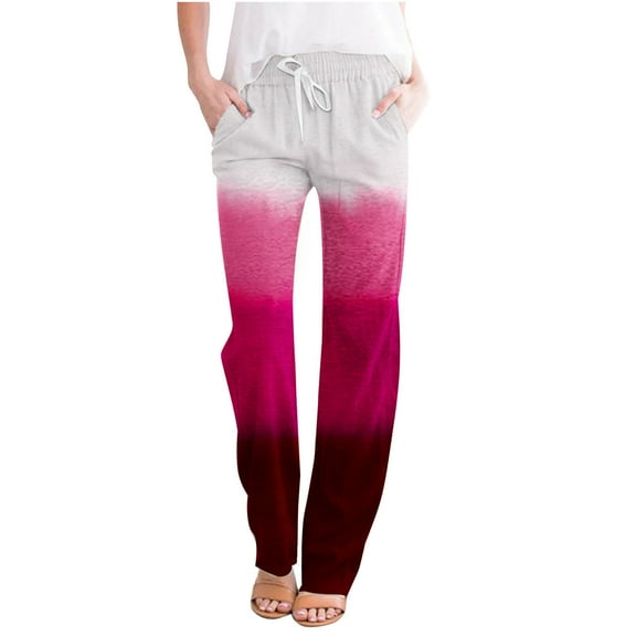 Edvintorg Gradient Printing Pants for Women Fashion Casual Loose Elastic Waisted Pants Straight Wide Leg Trousers Pants with Drawstring Red L