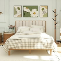 Queen Size Wood Bed with Piano Key Style Upholstered Headboard , Wood Bed with Strengthened Bed Frame,WHEAT