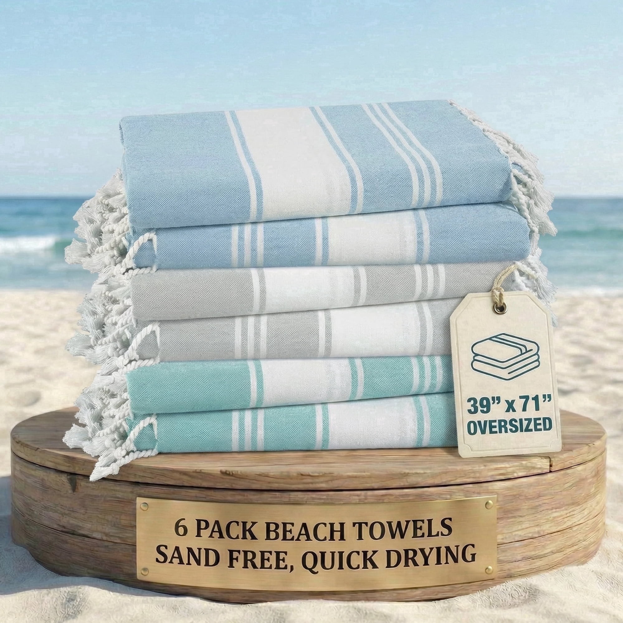 Casa Platino Hammam Beach Towels 6 Pack, Quick Dry Cotton Oversized Beach Towels for Adults, Lightweight Sand Free Pool Towels for Travel – Classic