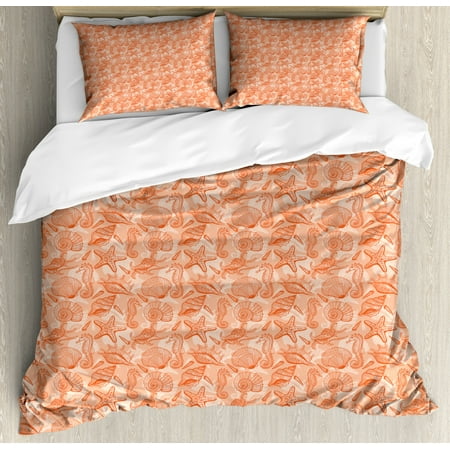 Shells King Size Duvet Cover Set Sketched Warm Colored Seahorse