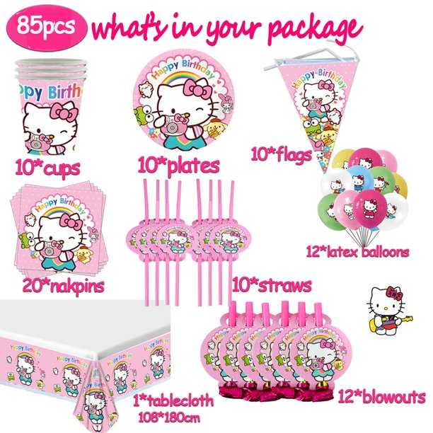 Suministros de fiesta Kawaii de Hello Kitty, globos de gato rosa, tazas, platos, mantel, juguetes, decoraciones de feliz cumpleaños, Sanrio