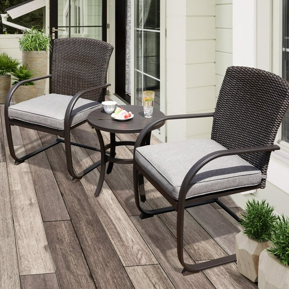 Grand Patio 3 Pieces Bistro Set, Outdoor Patio Rocking Wicker Chairs with Removable Cushions and Small Coffee Table, Gray