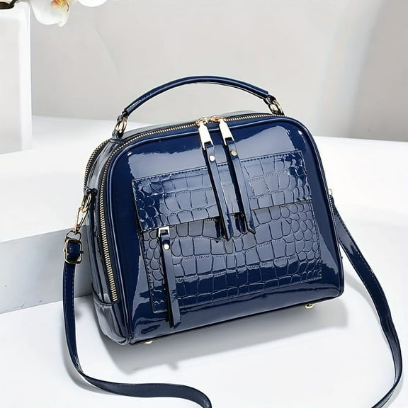 HMSHA Crocodile Pattern Patent Leather Handbag - Timeless Retro Style Square Shoulder Bag with Adjustable Crossbody Strap for Versatile Wear - Durable Faux Leather for Women