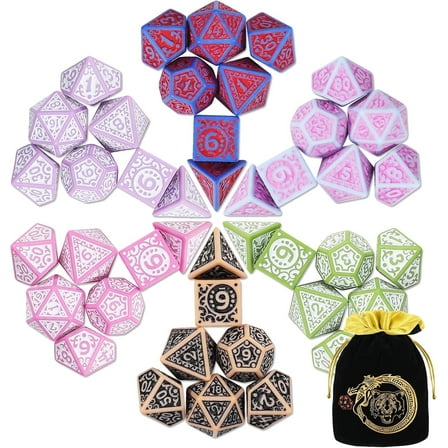 CiaraQ DND Polyhedral Dice Set (42 pcs), 6 Sets Fantasy Role Playing Dice with Gold Pattern Drawstring Bag for Dungeons and Dragons Table Games