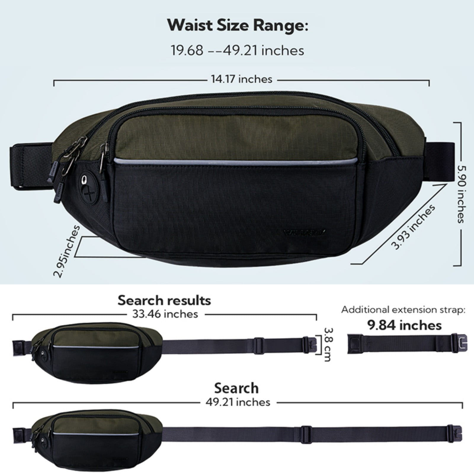 WATERFLY Unisex Hiking Walking Travel Nylon Fanny Pack Waist Bag,Black with Army Green