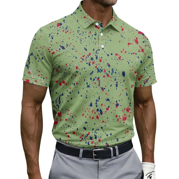 Men's Golf Polo Shirts Paint Splatter Print Short Sleeve Moisture Wicking Tees Summer Casual Performance Sports T Shirts, L