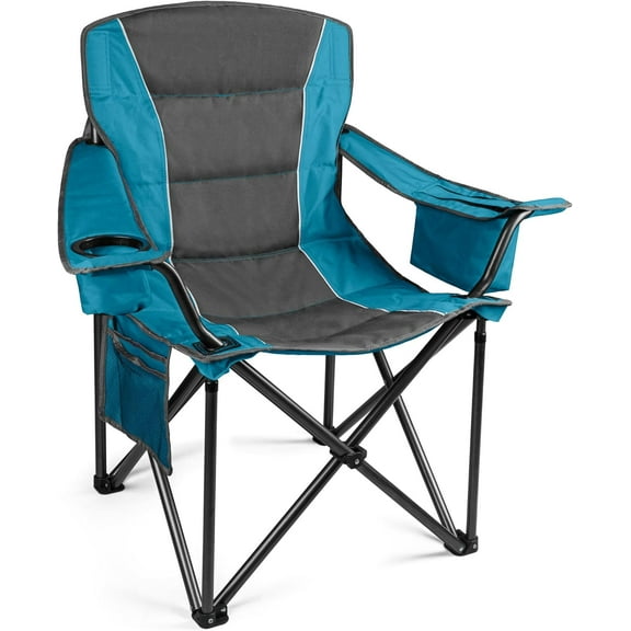 Heavy Duty Folding Camping Chair, Outdoor Oversized Camping Chair w/Cup Holder & Cooler Bag, Portable Padded Lawn Chair for Beach Picnic Sports, U.S. Flag(Blue)
