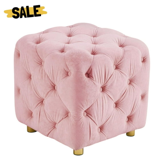GZXS Modern Upholstered Ottoman in Pink Velvet, Square Foot Stool with Dice Design, Soft Makeup Chair & End Table, Small Accent Seat for Living Room, Bedroom, Entryway