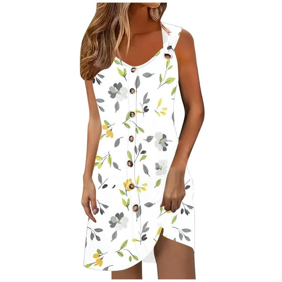 pstuiky Beach Cover up for Women, Women Spring Summer Vintage Print Button V-Neck Strap Dress Casual Vacation Outfit for Women Flowy Beach Cover Up Dress Sleeveless White L