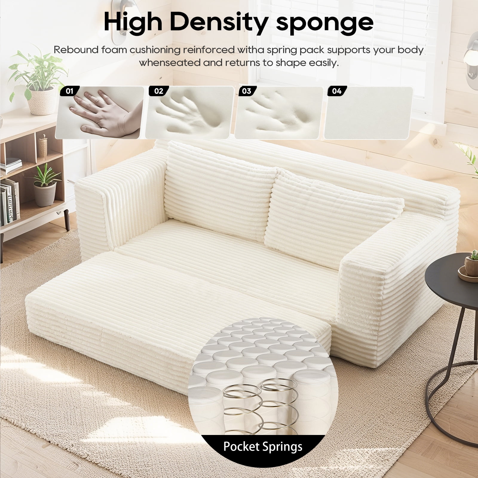 Tmsan 70" Corduroy Convertible Loveseat Sofa, 2 in 1 Cloud Sleeper Sofas with Fixed-Shape Frame, Comfy Folding Boneless Love Seat Couches for Living Room, Apartment, Bedroom, Office,Beige