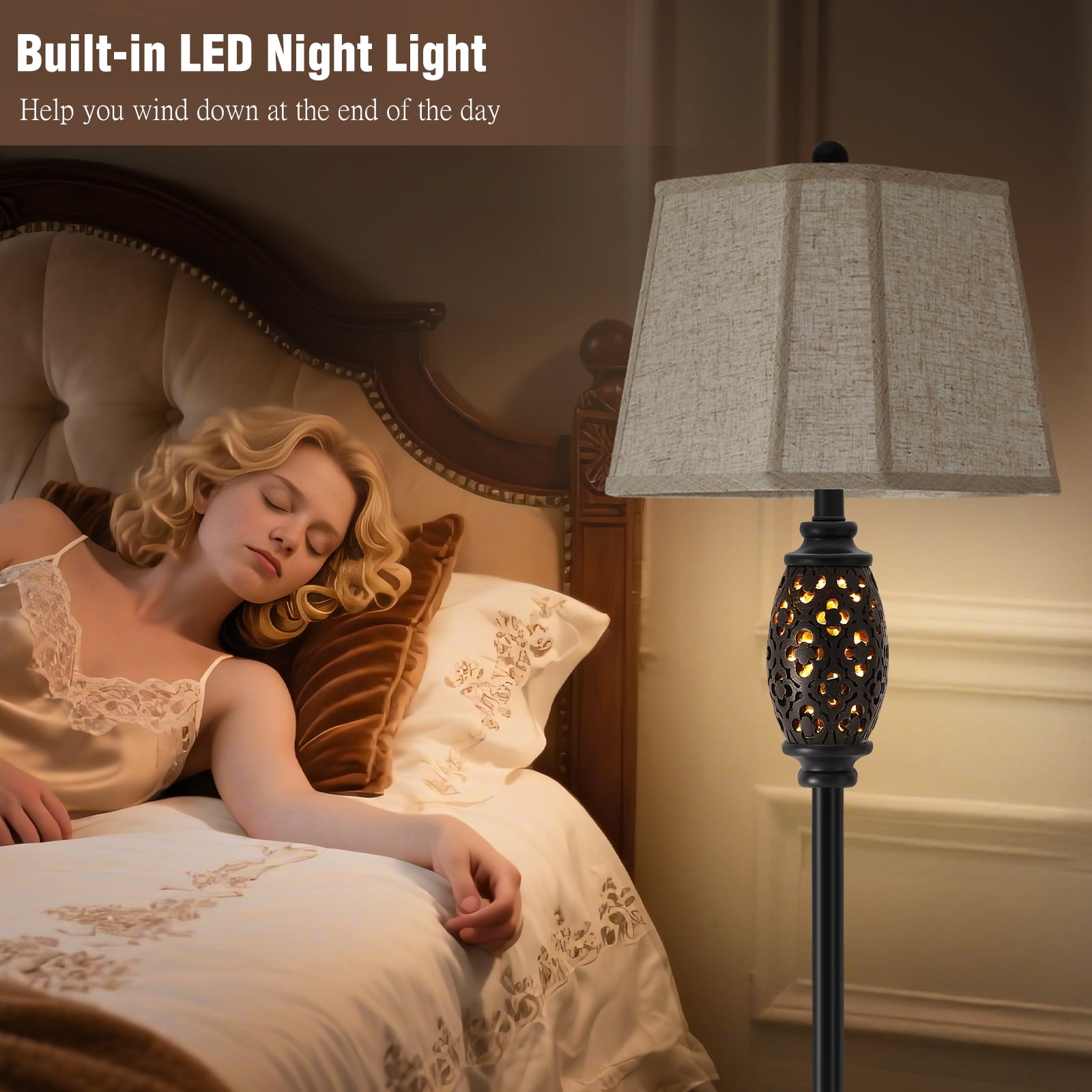 NATYSWAN  Vintage Floor Lamp with Cutout Design & Glowing Light - Resin Elegant Standing Lamp for Living Room, Bedroom, Office (Includes Bulb)