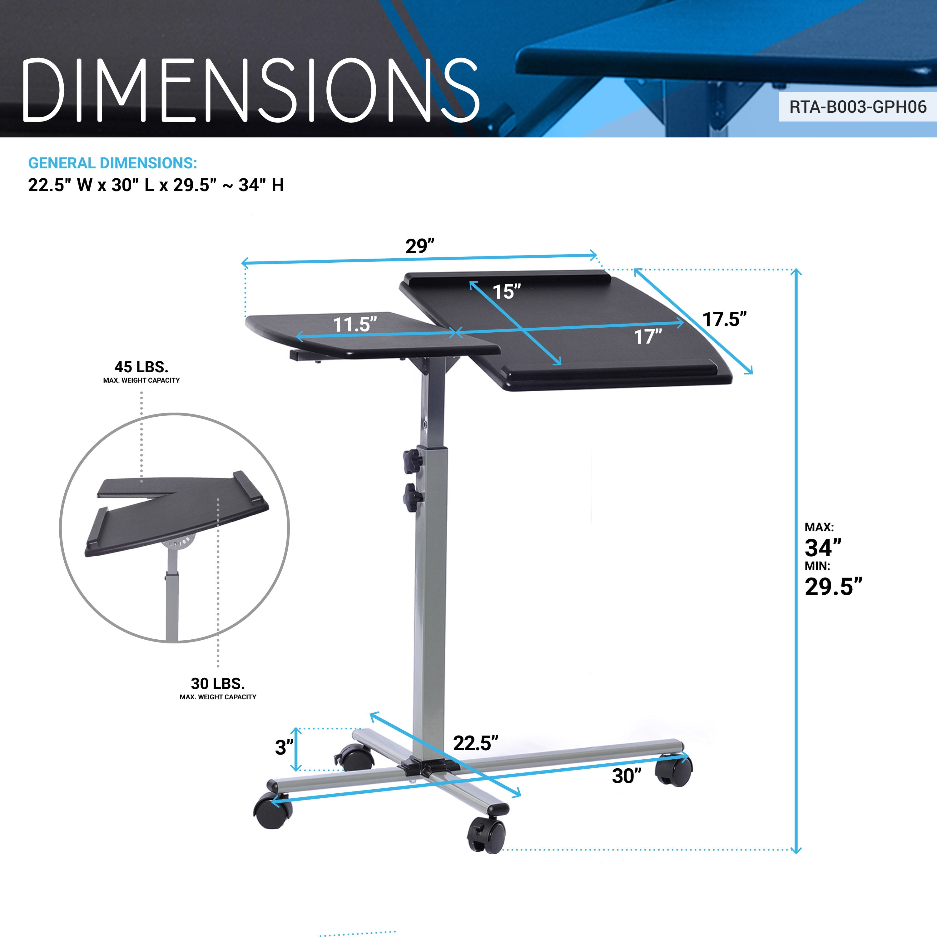Rolling Adjustable Laptop Cart, Height & Tilt Adjustable Laptop Stand with Locking Casters, Anti-Slip Edge Stoppers, MDF Panel Mobile Workstation