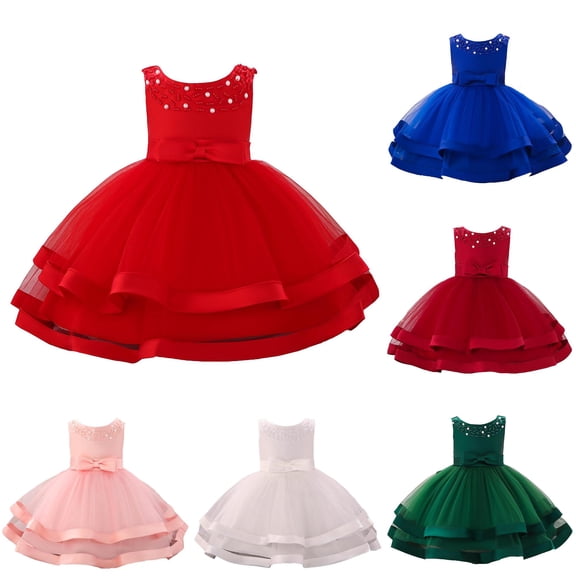 CUZIBR Girls Toddler Baby Party Dresses Solid Color Sleeveless Crewneck Cute Bow Glitter Tiered Layered Mesh Tutu Dress A-Line Wedding Birthday Pageant Princess Formal Gown,Red,6-12 Months
