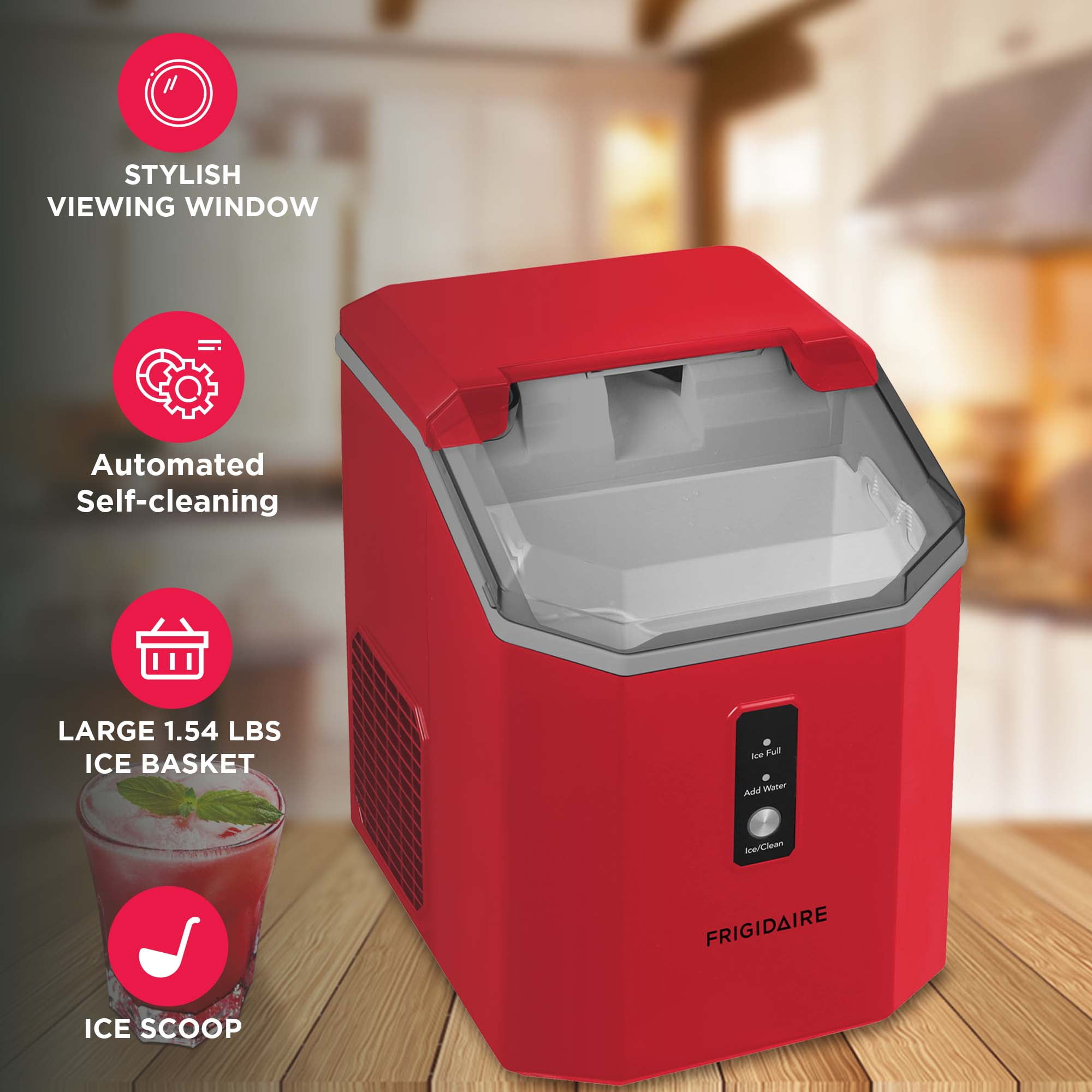 Frigidaire 33lb Countertop Nugget Pellet Ice Maker Self-Cleaning, Red