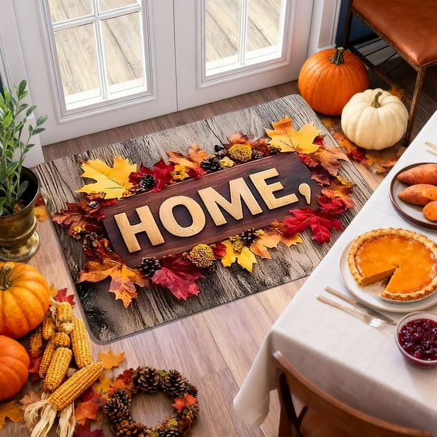 Fall Pumpkin Maple Leaves Floor Mat Halloween Thanksgiving Decorative Floor Mat Bathroom Kitchen Mat Porch Carpet Long Strip Foot Mat Entrance Mat
