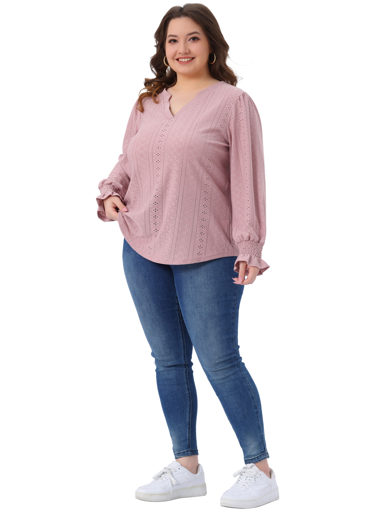 DARING DIVA Women's Plus Notched V Neck Eyelet Smocked Shirts Blouses 4X Gray Pink