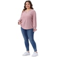 thumbnail image 3 of DARING DIVA Women's Plus Notched V Neck Eyelet Smocked Shirts Blouses 1X Gray Pink, 3 of 6