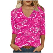 VALMASS Valentine's Day 3/4 Sleeve V Neck Shirts Women Casual Cute Heart Print Tee Plus Size Pullover Tops (5XL, Hot Pink-B)