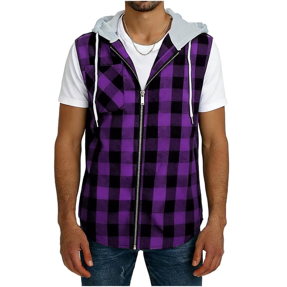 BSDJILFG Mens Summer Hoodies Vintage Plaid Sleeveless Workout Tank Top Full Zip Up Breathable Gym Shirts M-3XL