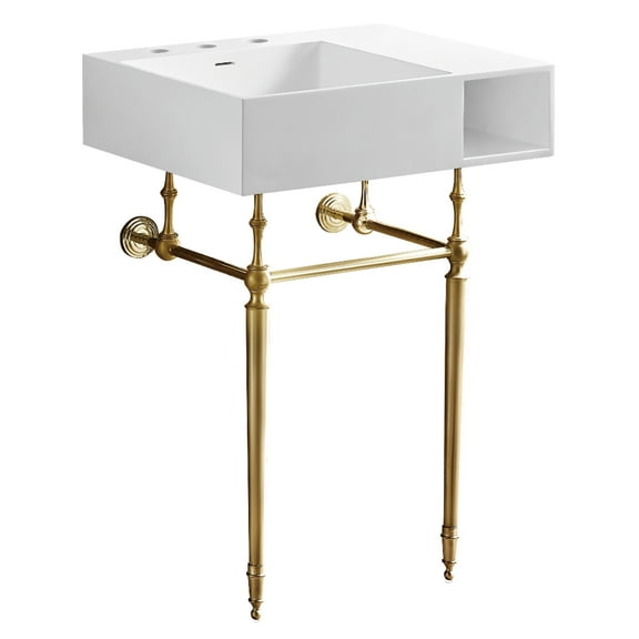 Kingston Brass KVPB3248SQA7 Aurelius 24-Inch Solid Surface Console Sink with Brass Legs (8-Inch, 3-Hole) in Matte White/Brushed Brass