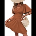 thumbnail image 1 of Vestido Mini de Verano con Escote en V y Mangas con Volantes, Corte A, Cintura Alta Elástica, Holgado y con Vuelo. Color Caramelo XL, 1 of 9