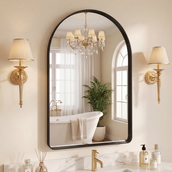 Gianna 20"x30" Arch Top Straight Bottom Bathroom Mirror – Rectangular Metal Frame with Groove Accents, Wall-Mounted Vanity Mirror, Black