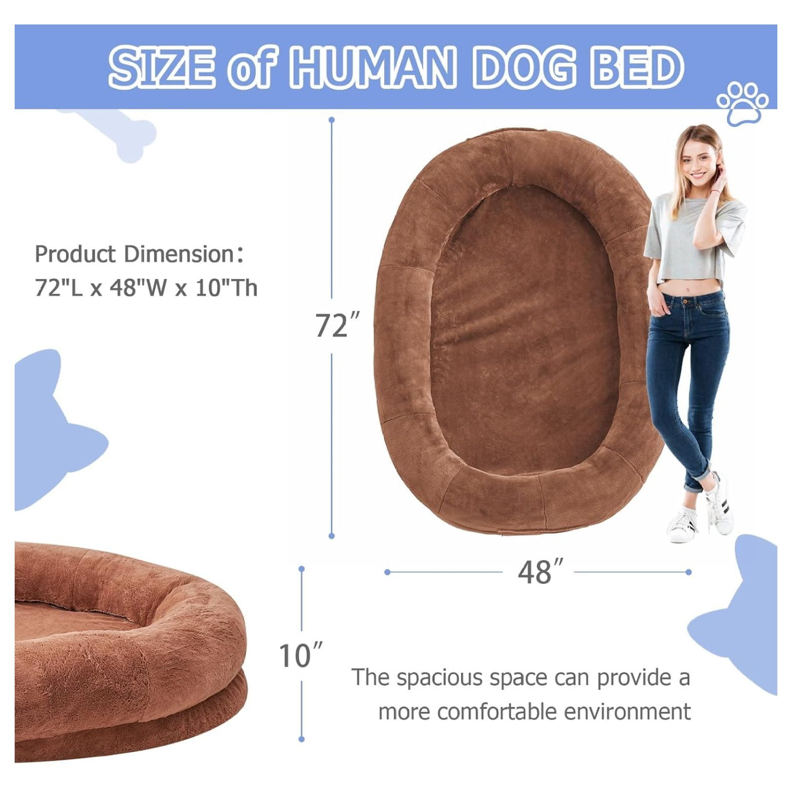 Human Dog Bed 72x48x10 Large Fluffy Cloud Lounger for Adults Pets Indoor Relaxation Sleep Rest Comfort Tan