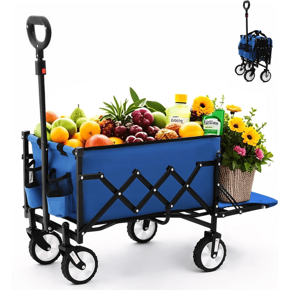 Folding Wagon Cart with Wheels and Tailgate, 330 lbs 120 l Capacity, Adjustable Handle, Portable Collapsible Utility Wagon Cart for Groceries, Outdoor Camping, Shopping, Garden (Blue)