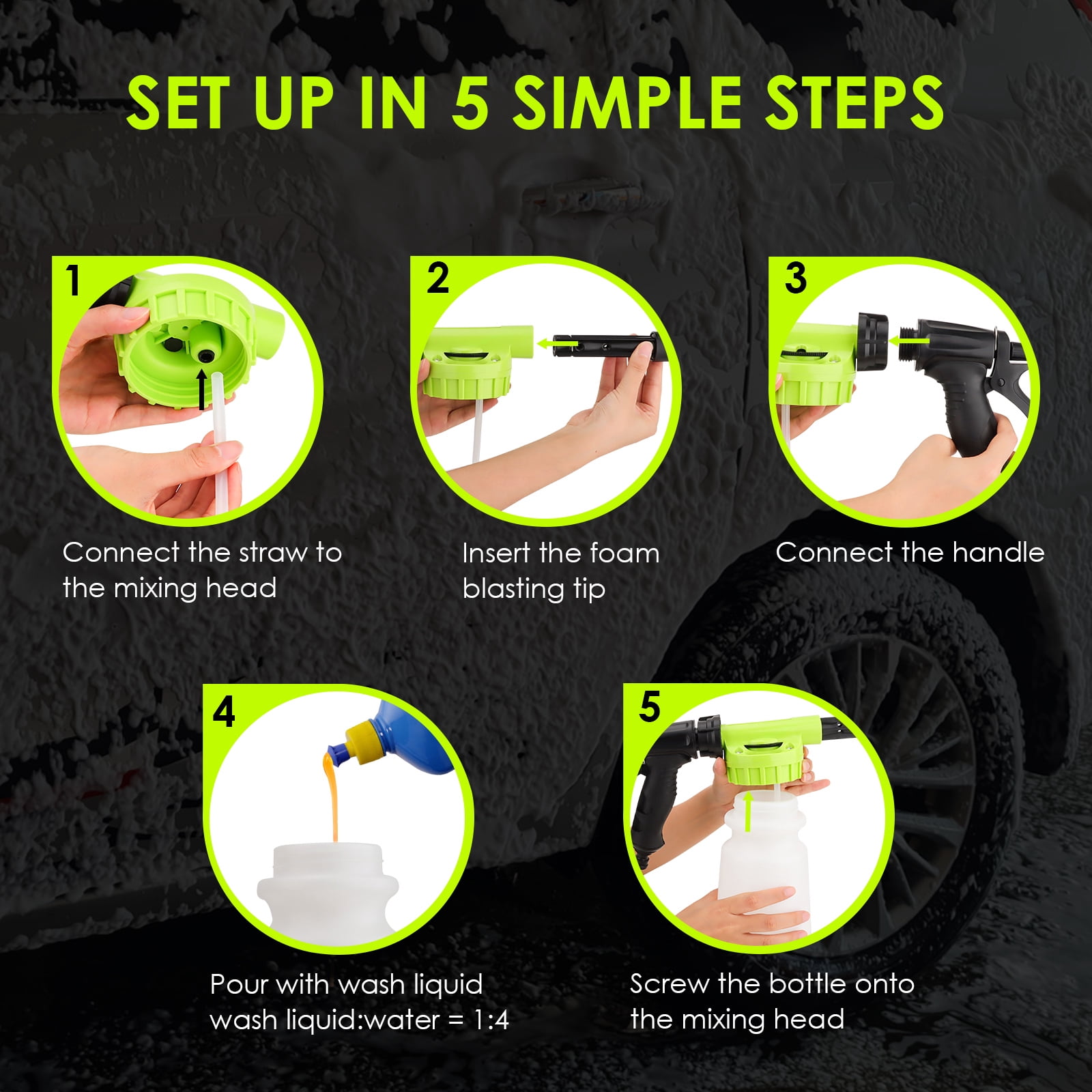 Car Wash Foam Gun, Microfiber Wash Mitt, Car Foam Sprayer, Car Wash Kit, Foam Cannon Garden Hose, Spray Foam Gun Cleaner, Car Accessories for Men, Snow Foam Blaster(Green)