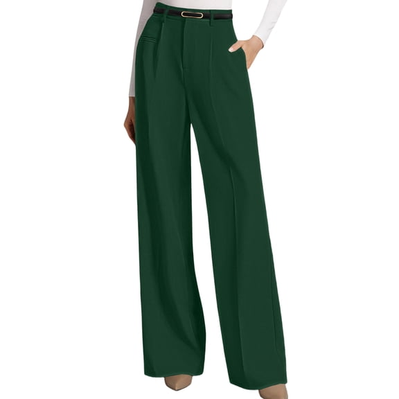 Womens Wide Leg Dress Pants Business Casual Flowy Work Palazzo Pants High Waisted Slacks Trousers Dark Green XXL