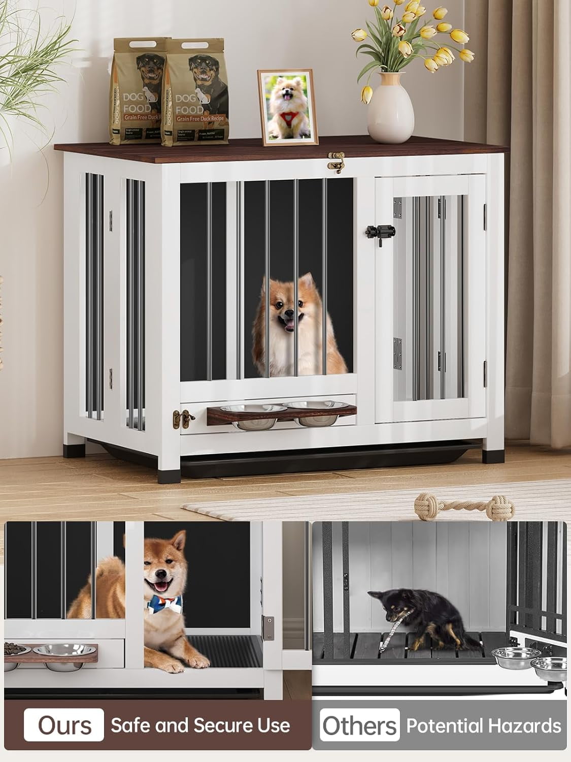 Dog Crate Furniture, 31.5'' Dog Kennel Indoor Foldable and Portable, Sturdy Wooden Dog Crate End Table Easy Assembly with 360° Rotating Feeder and Detachable Tray for Small Dogs,Medium Dogs