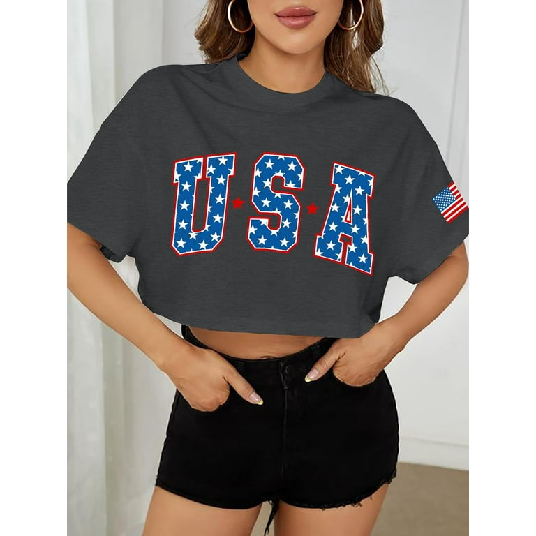 American Flag Crop Tops Women USA Crop Shirt Patriotic 4th of July Tee Memorial Day Tshirt Girls Crop Tops